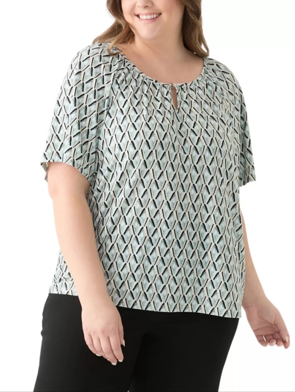 Anne Klein Geometric Keyhole Peasant Blouse Size 2X NWT